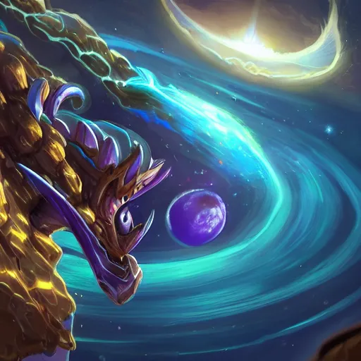 Prompt: Aurelion Sol from League of Legends looking down at Earth from space, riot games art, digital art, trending on artstation, highly detailed