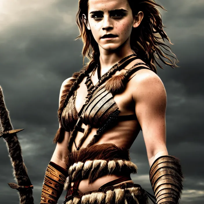 Image similar to full length photo of emma watson as an amazon warrior, highly detailed, 4 k, hdr, smooth, sharp focus, high resolution, award - winning photo