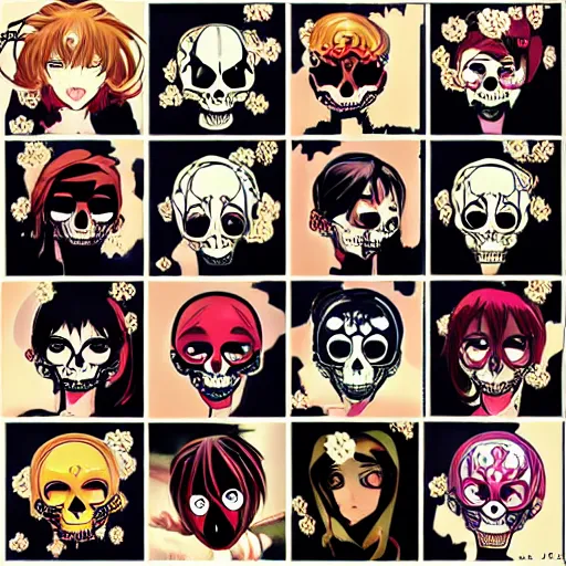 Image similar to anime manga skull portrait marvel beautiful woman demon dc balloons comic skeleton illustration style by Alphonse Mucha pop art nouveau