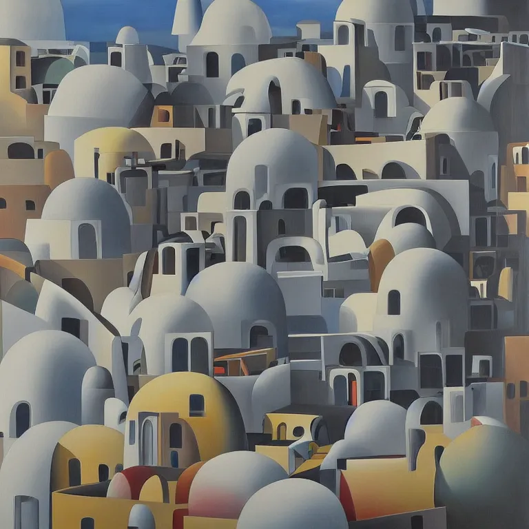 Image similar to a painting of abstract buildings like santorini by zaha hadid and yves tanguy