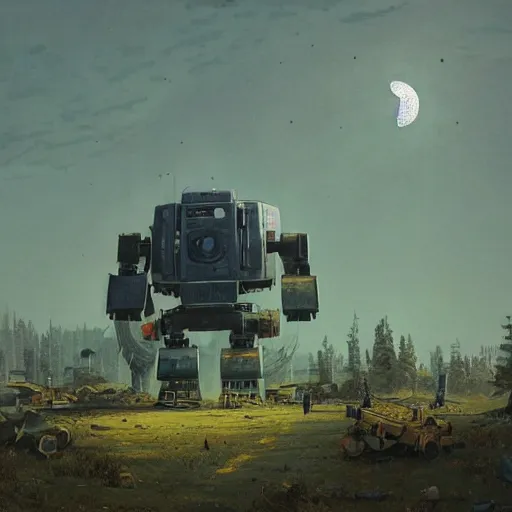 Prompt: a photo of an enormous robot crashing a building, the sky is cloudy. the moon is full. by ivan shishkin and simon stalenhag
