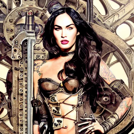 Image similar to megan fox, steampunk, ultra detailed