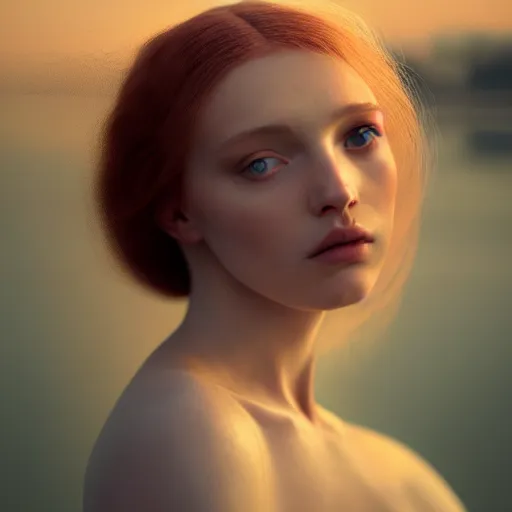 Image similar to photographic portrait of a stunningly beautiful english virgin renaissance female in soft dreamy light at sunset, beside the river, soft focus, contemporary fashion shoot, in a denis villeneuve and tim burton movie, by edward robert hughes, annie leibovitz and steve mccurry, david lazar, jimmy nelsson, extremely detailed, breathtaking, hyperrealistic, perfect face, octane render