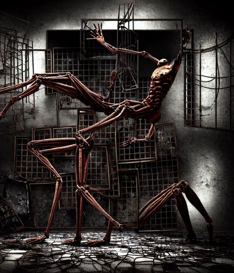 Image similar to Creepy huge suffering humanoid with long limbs sits on the floor and looks at the little old TV. An underground very dark gloomy multi-layered structure of rusty thick iron grates, dense chain-link fencing and peeling walls. Inside view, collapsed floors, bent rusted iron, masterpiece, black background, corners, cinematic, hyperdetailed, photorealistic, hyperrealism, octane render, 8k, depth of field, bokeh, architecture, shadows, art by Zdzisław Beksiński, Dariusz Zawadzki