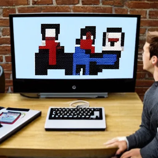 Prompt: 3 guys hanging on computers, pixel art