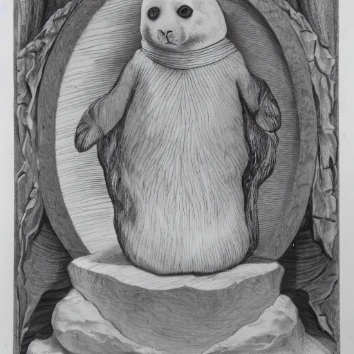 Image similar to an elvin stone engraving of a baby harp seal demigod, museum photo