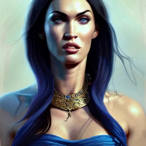 Prompt: portrait of megan fox, muscular upper body, slave collar, greek, jewelry, blue dress, fantasy, intricate, elegant, highly detailed, digital painting, artstation, concept art, matte, sharp focus, illustration, art by aenaluck and roberto ferri and greg rutkowski, epic fantasy, digital painting