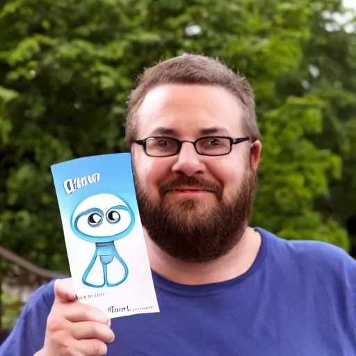 Prompt: a man wearing a t shirt with a picture of clippy that says'bet long on short timelines'