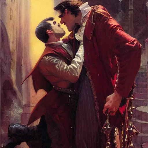 Image similar to attractive male, arthur pendragon confesses his love to attractive male dracula the vampire. highly detailed painting by gaston bussiere, craig mullins, j. c. leyendecker 8 k