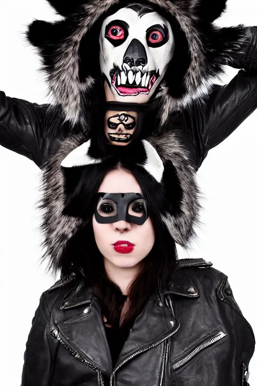 Prompt: professional photographic portrait of a punk girl in a leather jacket wearing a wolf's head over her face, fashion magazine shoot, cool punk with wolf on her head