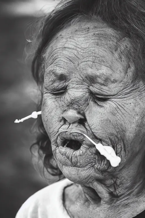 Image similar to Realistic black and white photography with 80 mm f/12 lens of old women with their eyes closed, spitting ECTOPLASMA from their mouth.