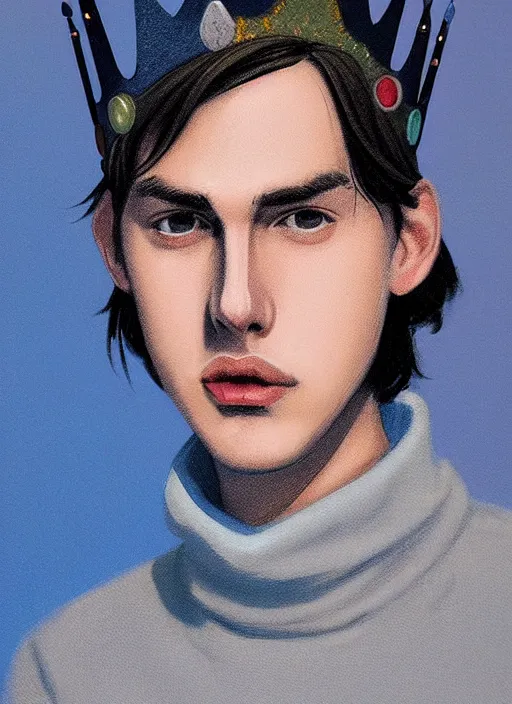 Image similar to portrait of teenage jughead jones wearing a light grey crown, crown, blue turtleneck, 1 9 5 0 s, closed eyes, photorealistic, black hair, glowing lighting, intricate, elegant, glowing lights, highly detailed, digital painting, artstation, concept art, smooth, sharp focus, illustration, art by wlop, mars ravelo and greg rutkowski