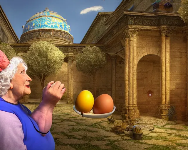 Prompt: םכ a very beautiful scene. processing block environment. a sweet fat old woman is in love with a huge, colorful and beautiful egg. hyper realistic. 4 k. wide angle. in the baroque style. wild. symmetrical face, red mouth, blue eyes. deep focus, lovely scene. processing block environment. concept art. unreal engine.