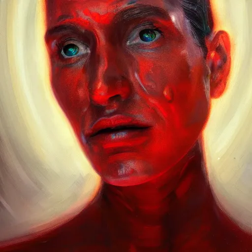 Image similar to a portrait of an intensely lit spiraling stretched face, red, oil painting, pale colors, high detail, 8 k, wide angle, trending on artstation,