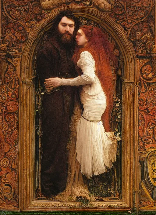 Prompt: masterpiece of intricately detailed preraphaelite photography couple portrait sat down, love, inside a beautiful underwater train to atlantis, man with long hair big beard glasses, woman with large lips big eyes straight fringe, colourful unusual clothes yellow ochre, by ford madox brown william powell frith frederic leighton john william waterhouse hildebrandt william morris