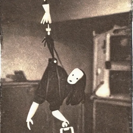 Image similar to female, creepy marionette puppet, horrific, unnerving, clockwork horror, pediophobia, lost photograph, dark, forgotten, final photo found before disaster, human laying unconscious in the background, polaroid,