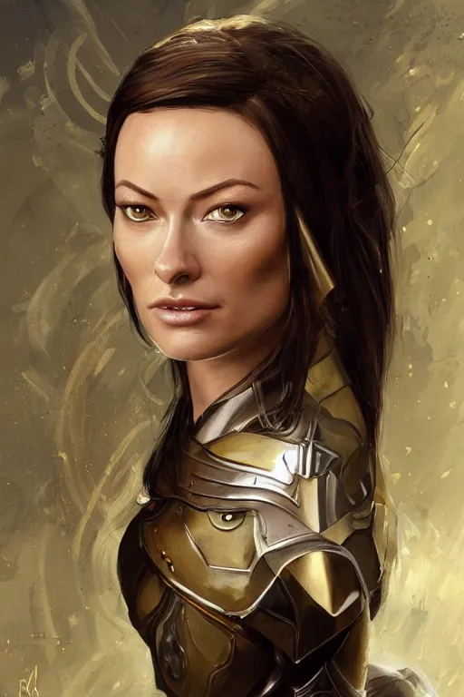 Image similar to a professional painting of a young Olivia Wilde, clothes in military armor, olive skin, long dark hair, beautiful bone structure, symmetrical facial features, intricate, elegant, digital painting, concept art, smooth, sharp focus, illustration, from StarCraft by Ruan Jia and Mandy Jurgens and Artgerm and William-Adolphe Bouguerea