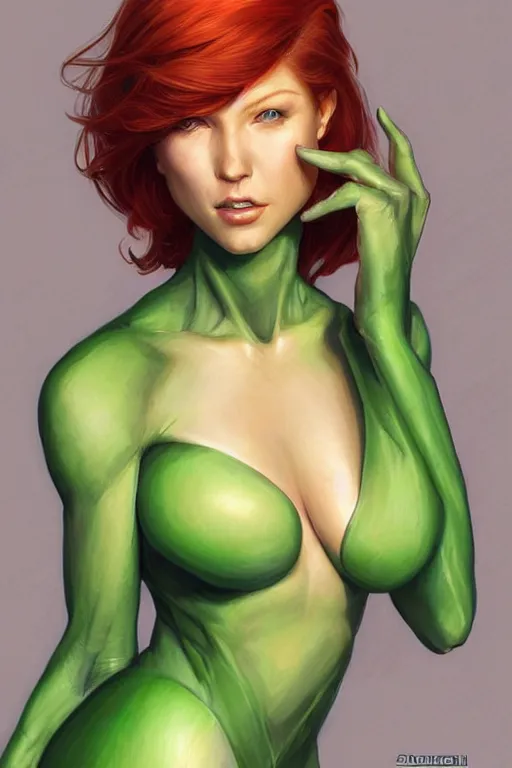 Image similar to Redhead alien human beautiful hybrid feminine woman with stunning green eyes, very in shape, round face and a roundish nose as a futuristic heroine, gorgeous digital painting, artstation, concept art, smooth, sharp focus, illustration, art by artgerm and donato giancola and Joseph Christian Leyendecker, Ross Tran, WLOP