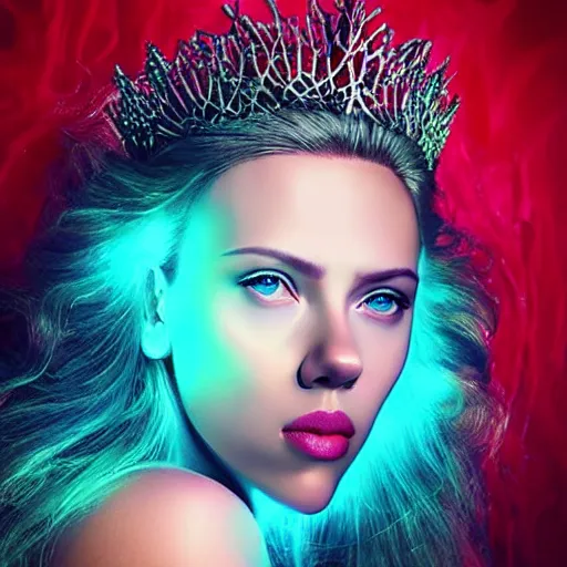 Image similar to “Scarlett Johansson portrait, fantasy, mermaid, cartoon, pearls, glowing hair, shells, gills, crown, water, highlights, starfish”