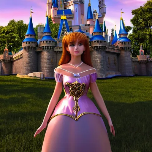 Image similar to a very detailed, ultra-realistic, pleasant, beautiful, funny, smooth 3D CG render, semirealistic anime style, close-up of a gorgeous, cute, gentle, noble priestess magician princess girl wearing dress and jewelry, in a glorious magic kingdom with castle and walls, relaxing calm vibes, fairytale, octane render