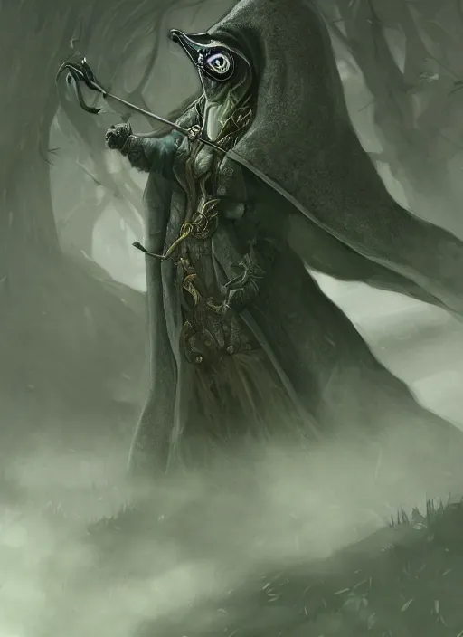 Prompt: a highly detailed illustration of plague doctor mask wearing woman, cape flowing in the wind pose, surrounded by green mist, intricate, elegant, highly detailed, centered, digital painting, artstation, concept art, smooth, sharp focus, league of legends concept art, WLOP