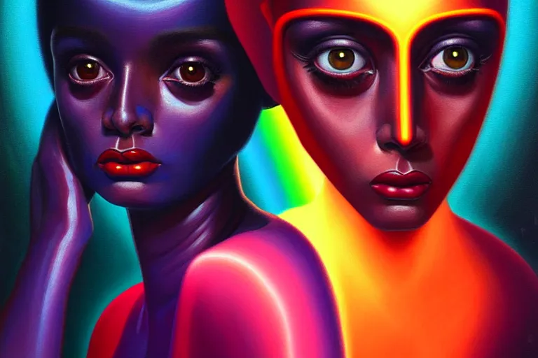 Image similar to patron saint of 🛸🌈👩🏾, futuristic clothing, neon god of city character portrait, in the style of margaret keane, moebius, tom bagshaw, and waterhouse, cinematic lighting, beautiful, elegant, oil painting,