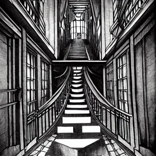 Image similar to a terrifying dark hallway with many doors and many stairs, impending doom, horror, Mc Escher architecture, epic composition, anime key visual