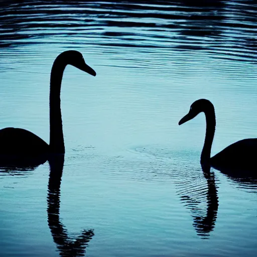 Image similar to photo of two black swans swimming in a beautiful reflective mountain lake, touching heads, forming a heart with their necks, a colorful hot air balloon is flying above the swans, hot air balloon, intricate, 8k highly professionally detailed, HDR, CGsociety