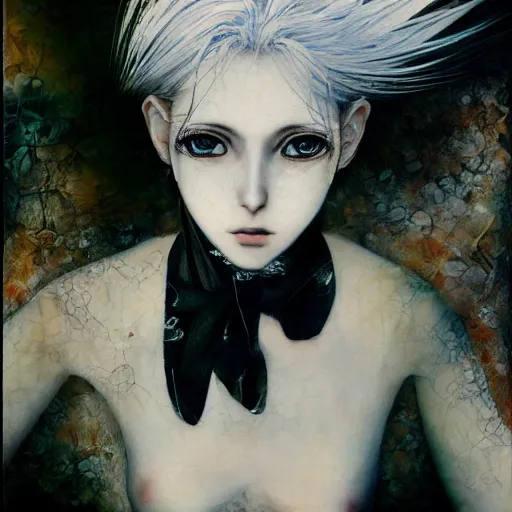 Image similar to Yoshitaka Amano realistic illustration of an anime girl with white hair and cracks on her face wearing dress suit with tie, abstract black and white patterns on the background, noisy film grain effect, highly detailed, Renaissance oil painting