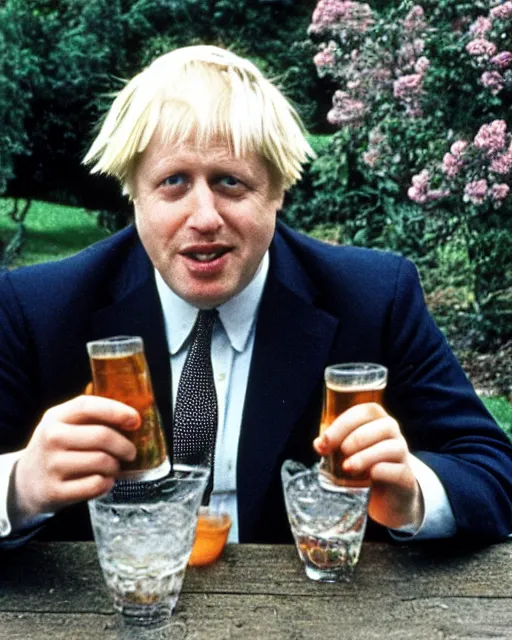 Prompt: film still close - up shot of boris johnson drinking a beer in garden from the movie monty python's the meaning of life. photographic, photography