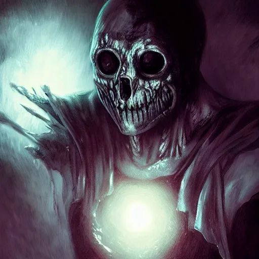 Prompt: photorealistic dark fantasy concept art of ultra horror nightmare sans with his eye glowing, dynamic lighting, stunning visuals, ray tracing, beautiful scenery, cinematic, full body portrait, ultra detailed, hyper detail, stunning detail