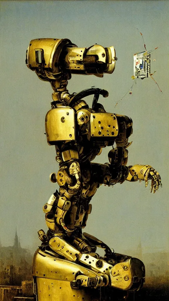 Prompt: robot painting a robot on canvas, intricate, highly detailed, photorealistic, film still, by carl spitzweg