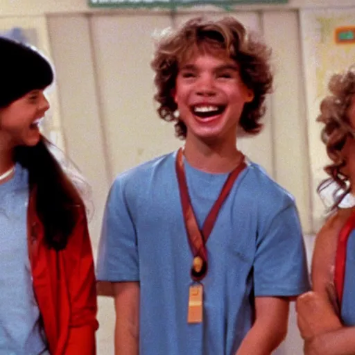 Prompt: A still from Degrassi Junior High showing Joey, Wheels and Snake laughing at memes (1989)