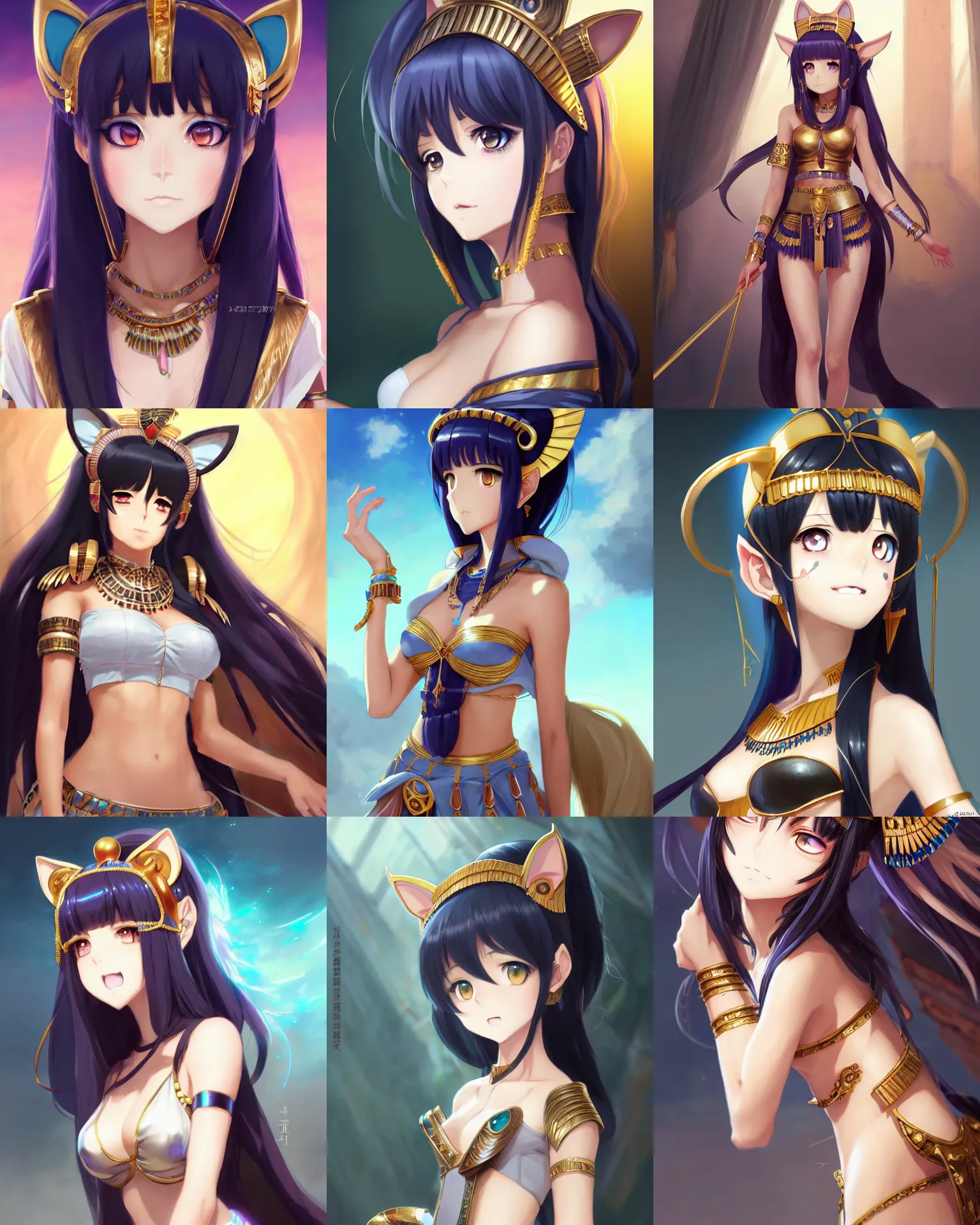 Prompt: Character concept art of an anime Cleopatra with cat ears || foliage clothing, cute-fine-face, pretty face, realistic shaded Perfect face, fine details by Stanley Artgerm Lau, WLOP, Rossdraws, James Jean, Andrei Riabovitchev, Marc Simonetti, and Sakimichan, tranding on artstation