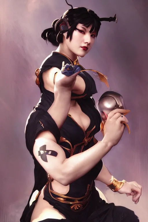 Image similar to portrait of goth Chun Li, Street fighter, highly detailed, digital art from artstation by Ruan Jia and Mandy Jurgens, Alphonse Mucha and Artgerm and william-adolphe bouguereau