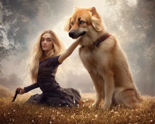 Prompt: epic cinematic shot of beautiful scandinavian woman with symmetrical face stunning eyes and long blonde hair playing with german shephard dog, weta disney pixar, hi - fructose, decadent highly - detailed digital painting, golden ratio, octane render, artstation, cinematic composition, smooth, sharp focus, artgerm, mucha, loish, wlop hdr