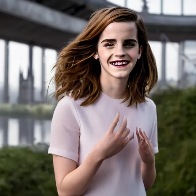 Image similar to Joyful!!! smiling Emma Watson wearing cyborg prosthetic. From Her (2013). Clear Hands. Clear body. Light Clothes. Hogwarts as Background. Cinematic. Professional Photo. UHD. 8k. Clear Face.