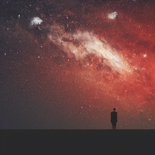 Image similar to 4K ultra HD detailed award-winning wallpaper silhouette of lonely man standing looking at Earth from far away huge vast sky universe