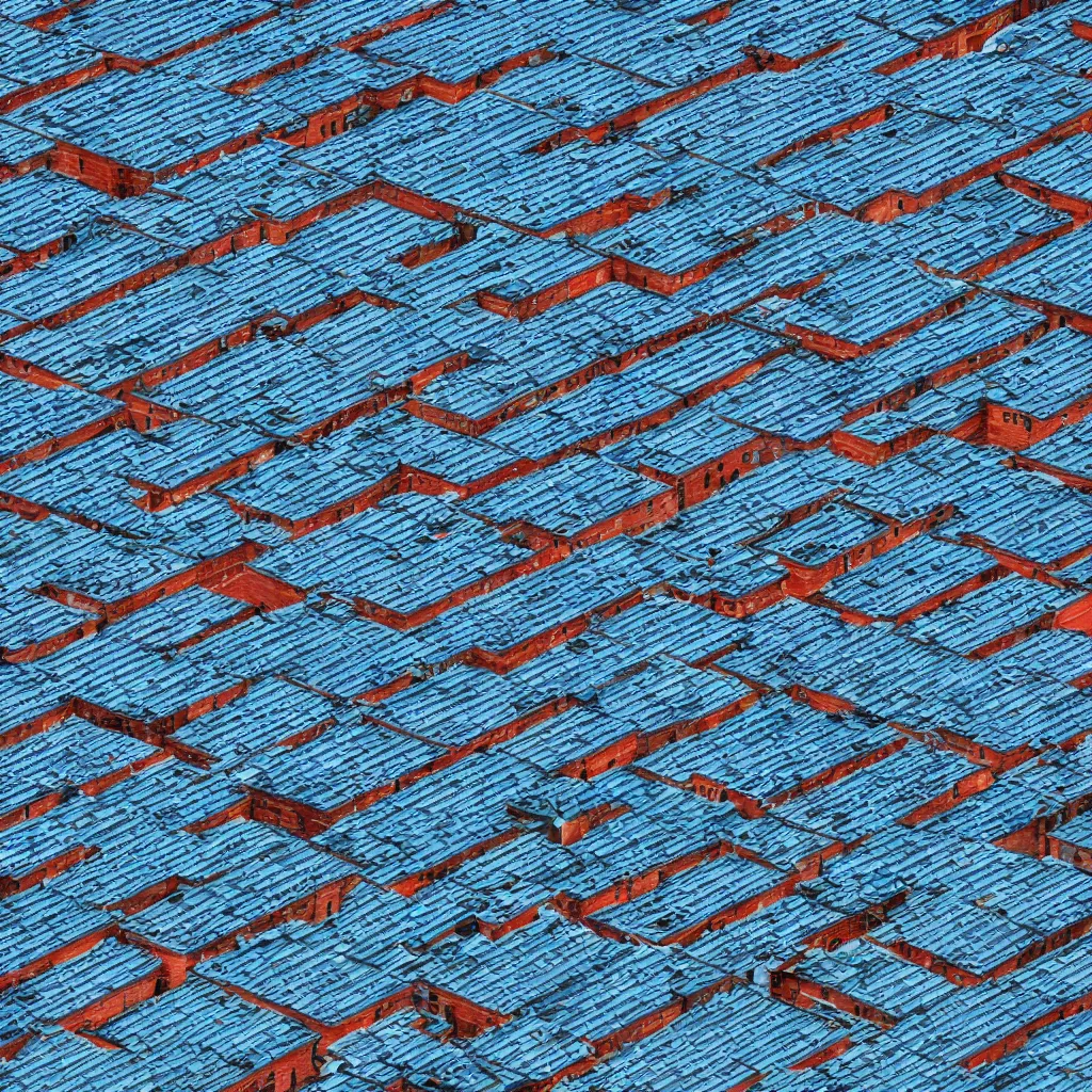 Image similar to photorealistic bird's eye view of single blue rooftop building, seamless texture of bricks on top of roof, 8k