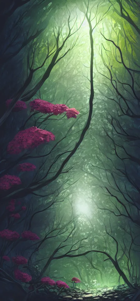 Prompt: flowering tree in an underground forest. smooth gouache painting by the award - winning concept artist, bloom, chiaroscuro, backlighting, depth of field.