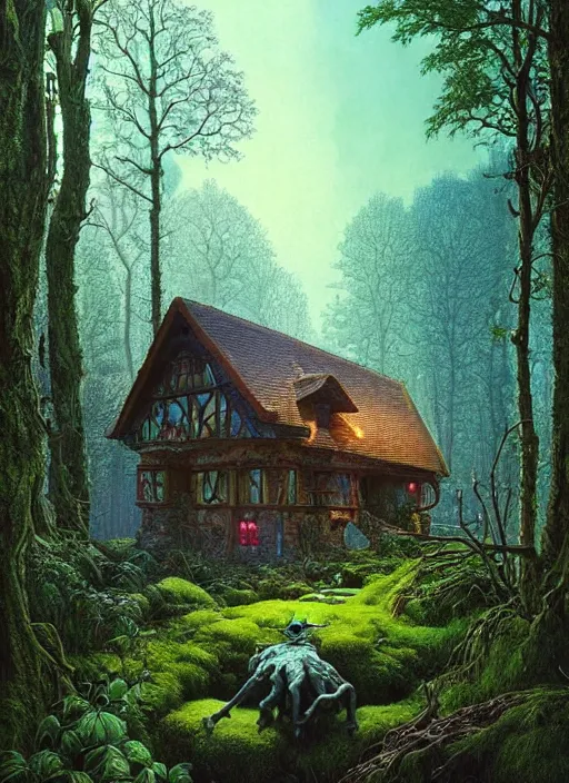 Image similar to hyper realistic homely ornate modern witch cottage far away in the woods gorgeous lighting, blue sky, highly detailed, lush forest by zdzisław beksinski and norman rockwell and greg rutkowskiweta studio, and lucasfilm