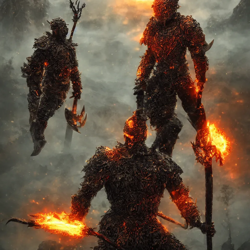 Image similar to full-body-portrait photo brutal nordic Warrior, wearing intricate steel armor, holding magical fiery battle-axe, sharp focus, highland landscape with few trees background, magical aura, heroic pose, fantasy style, octane render, volumetric lighting, 8k high definition, highly detailed, trending on ArtStation, centered