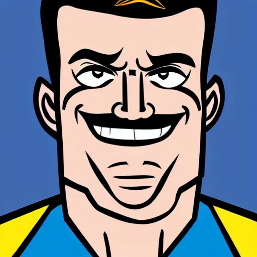 Prompt: pop art cartoon style, strong male, superhero, male with sharp chin, big smile, cartoon network, portrait