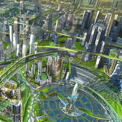 Prompt: vast detailed intricate solarpunk utopia green architecture sprawling metropolis with many crossing monorails