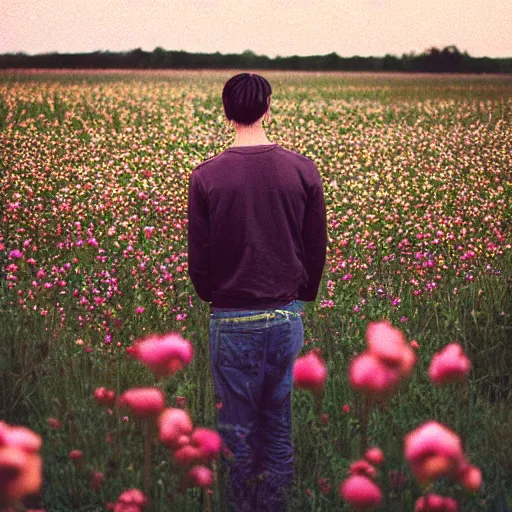 Image similar to kodak portra 4 0 0 photograph of a skinny guy standing in field of flowers, flower crown, back view, moody lighting, moody vibe, telephoto, 9 0 s vibe, blurry background, vaporwave colors, faded!,