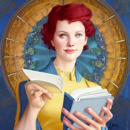 Prompt: a smiling beautiful woman with short red hair wearing a yellow dress and reading a book, blue eyes, masterpiece, intricate, elegant, highly detailed, digital painting, artstation, concept art, smooth, sharp focus, illustration, art by artgerm and greg rutkowski and alphonse mucha and uang guangjian and gil elvgren and sachin teng, symmetry!!