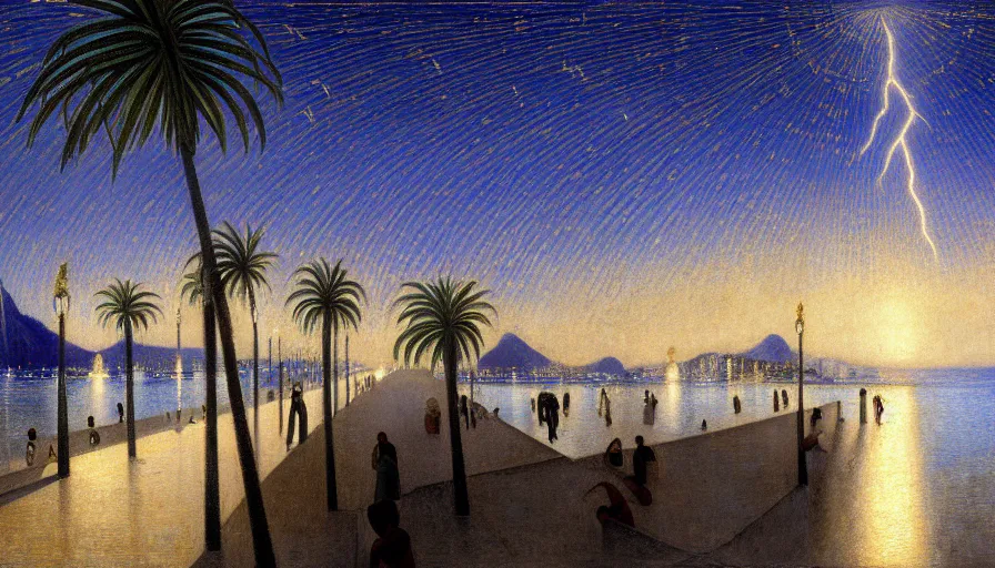 Image similar to a ultradetailed beautiful painting of the night sky of the rio de janeiro palace balustrade designed by tarsila do amaral, jules bastien - lepage, frank weston and gustave baumann, beach, trending on artstation, mediterranean, palm trees, sharp focus, lightning star sparkles refraced lines, soft light, 8 k