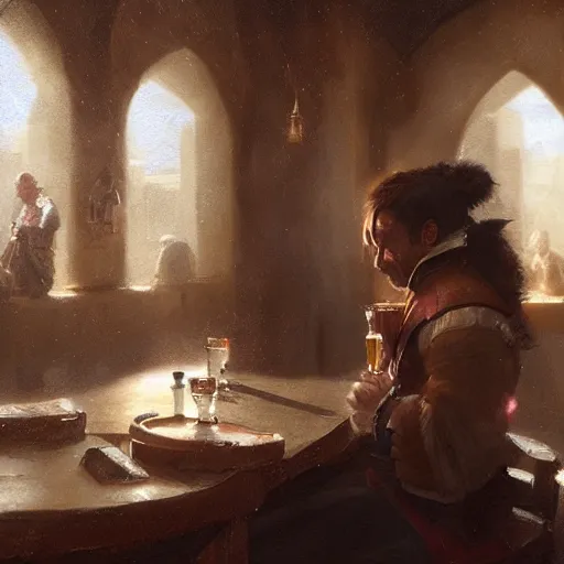 Image similar to 'portrait of a bard drinking in a tavern, art by Greg Rutkowski, 4k'