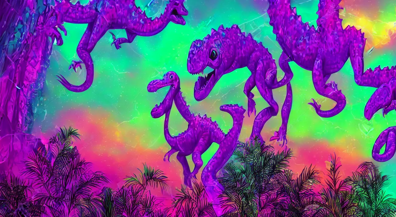 Image similar to spectral purple neon dinosaur, spectral neon pink dinosaur, spectral yellow neon dinosaur, green jungle background, detailed, ultrawide landscape