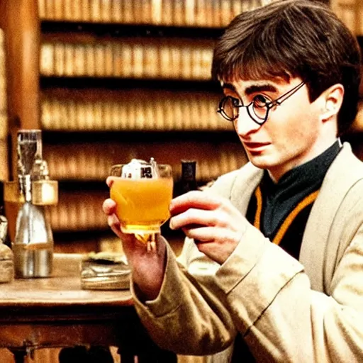 Image similar to Harry Potter drinking a pastis